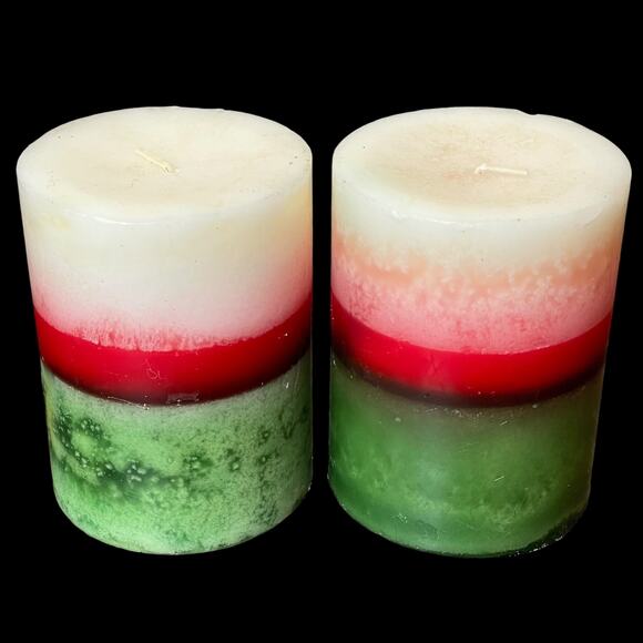 Pier 1 Holiday Candles Pair Pillar Striped Green White Red Evergreen Christmas - Picture 10 of 13